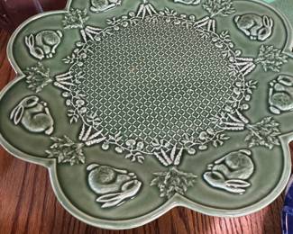 Bordallo Pinheiro Green Bunny and Carrot Ceramic Sugar Bowl and Creamer Set with Cake Stand