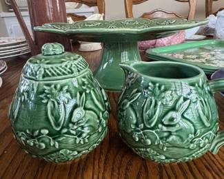Bordallo Pinheiro Green Bunny and Carrot Ceramic Sugar Bowl and Creamer Set with Cake Stand