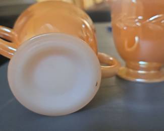 Anchor Hocking Fire King Peach Luster Laurel Leaf Creamer and Sugar Bowl Set