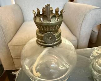 Vintage Glass Oil Lamp with Ornate Brass Burner