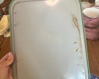 Vintage Enamelware Serving Tray with Cherry Blossom Design - Pastel Green