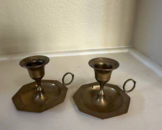 Pair of Brass Chambersticks with Octagonal Bases and Loop Handles