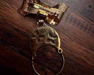 Monet Gold Tone Bow and Moon Pendant Brooch