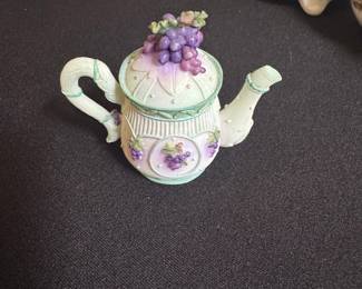 Miniature Teapot Figurine with Grapes and Pastel Trim