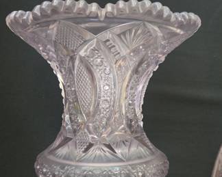 Victorian Pressed Glass Hobstar and Fan Vase with Sawtooth Rim