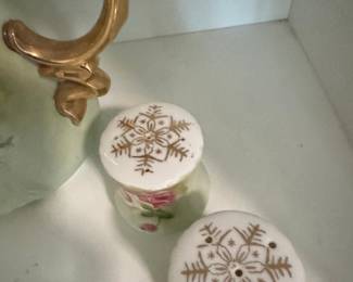 Lefton China Hand-Painted Rose Teapot and Salt Shakers Set