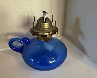 Antique "Handy" Miniature Cobalt Blue Glass Oil Lamp