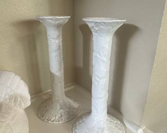 Pair of White Porcelain Candlesticks with Floral Relief - Austrian