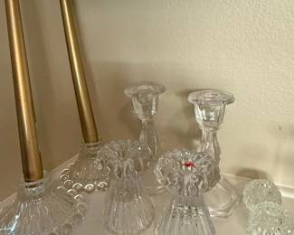 Vintage Mikasa Crystal Candlestick Holders with Gold Taper Candles
