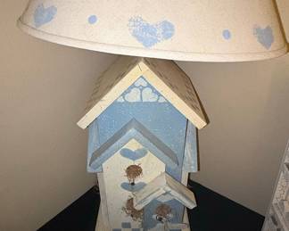 Shabby Chic Blue & White Birdhouse Table Lamp with Heart-Decorated Shade
