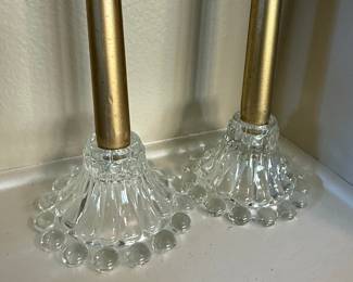 Pair of Vintage Anchor Hocking Bubble Rim Crystal Candlestick Holders with Brass Stems