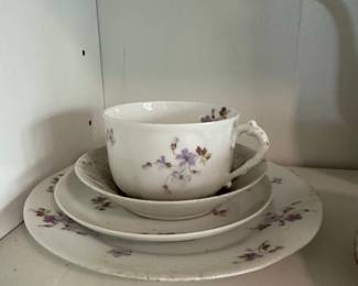 CFM GDM France Porcelain Tea Cup, Saucer, and Plate Set with Purple Floral Pattern