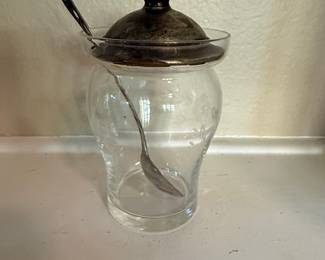Vintage Etched Glass Jam Jar with Silver-Plated Lid and Spoon - Princess House Heritage Pattern