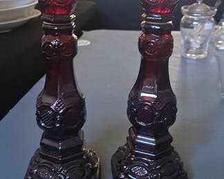 Avon Cape Cod Ruby Red Glass Candlestick Holders (Pair)