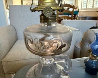 Clear Glass Oil Lamp with Embossed Wheat Stalk Base and P&A Waterbury Burner