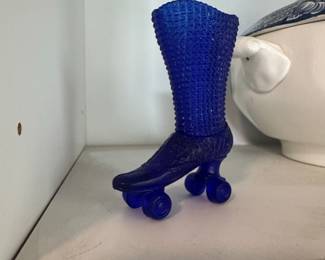 Cobalt Blue Glass Hobnail Roller Skate Figurine