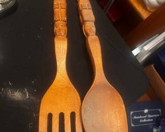 Vintage Carved Wood Tiki Totem Fork and Spoon Set
