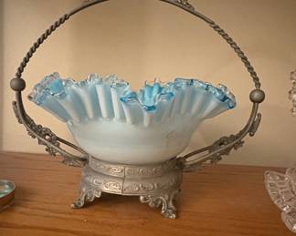 Victorian Opalescent Glass Bride's Basket with Silver-Plated Frame
