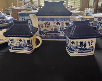 Blue Willow Pagoda Lidded Teapot and Sugar Bowls Set