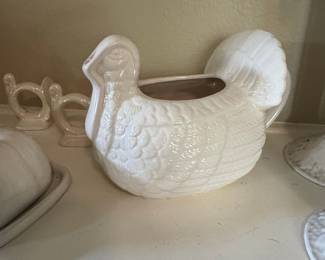 White Ceramic Thanksgiving Serving Set with Tureen, Pumpkin Butter Dish, Turkey Gravy Boat, and Candlesticks