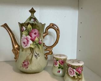 Lefton China Hand-Painted Rose Teapot and Salt Shakers Set