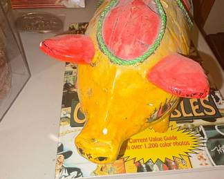 Vintage Yellow Piggy Bank with Red Ears and Green Rope Detail