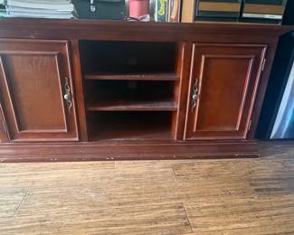 Dark Wood Media Console with Cabinet Doors and Shelving