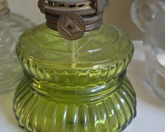 Vintage Green Glass Oil Lamp with Masonic Emblem