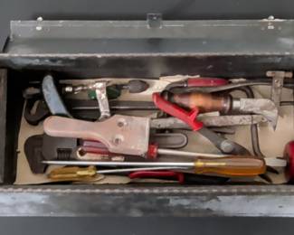 Vintage Metal Toolbox with Assorted Hand Tools - Possibly Craftsman or Kennedy