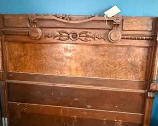 Antique Eastlake Victorian Walnut Burl Full Size Bed Frame