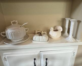 White Ceramic Thanksgiving Serving Set with Tureen, Pumpkin Butter Dish, Turkey Gravy Boat, and Candlesticks