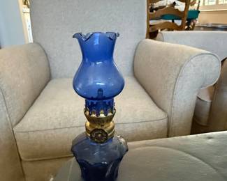 Cobalt Blue Glass Oil Lamp with Brass Burner