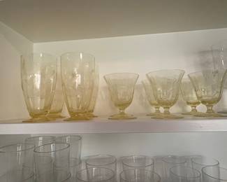 Yellow Depression Glass Etched Tumblers and Footed Glasses - Lancaster Jubilee Yellow and Hazel Atlas Florentine