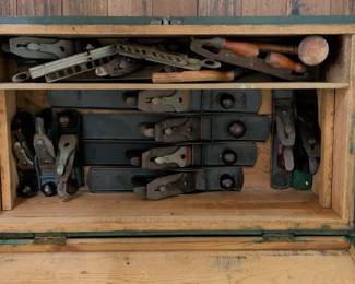 Antique Wooden Tool Chest with Assorted Hand Tools