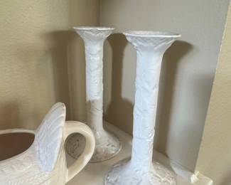 White Ceramic Thanksgiving Serving Set with Tureen, Pumpkin Butter Dish, Turkey Gravy Boat, and Candlesticks