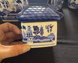 Blue Willow Pagoda Lidded Teapot and Sugar Bowls Set