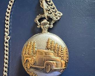 Milan Quartz Pocket Watch with Embossed Vintage Truck Design