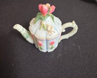Miniature Teapot Figurine with Floral Embellishments
