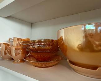 Anchor Hocking Fire King Laurel Leaf Peach Lusterware Tea Cups and Bowls
