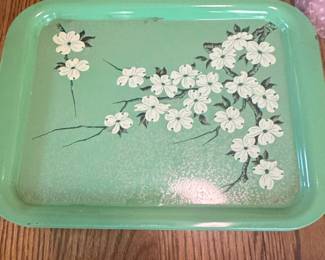 Vintage Enamelware Serving Tray with Cherry Blossom Design - Pastel Green