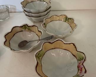 Antique Hand-Painted Nippon Porcelain Dessert Bowls with Spoons