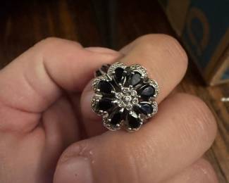 Sterling Silver Black Sapphire and Diamond Flower Ring
