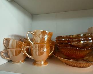 Anchor Hocking Fire King Laurel Leaf Peach Lusterware Tea Cups and Bowls