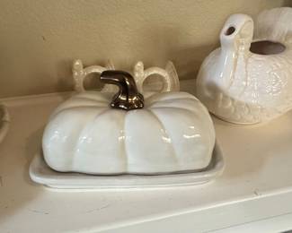 White Ceramic Thanksgiving Serving Set with Tureen, Pumpkin Butter Dish, Turkey Gravy Boat, and Candlesticks