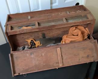 Vintage Wooden Carpenter's Tool Chest with Assorted Tools