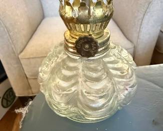Vintage Glass Oil Lamp with Brass Crown Top
