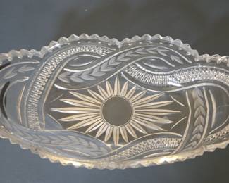 American Brilliant Period Cut Crystal Oval Serving Bowl with Sunburst and Wheat Sheaf Motif