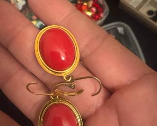 Estate Sale Earrings with Natural Red Coral Cabochons
