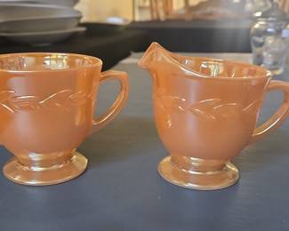 Anchor Hocking Fire King Peach Luster Laurel Leaf Creamer and Sugar Bowl Set