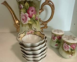 Lefton China Hand-Painted Rose Teapot and Salt Shakers Set